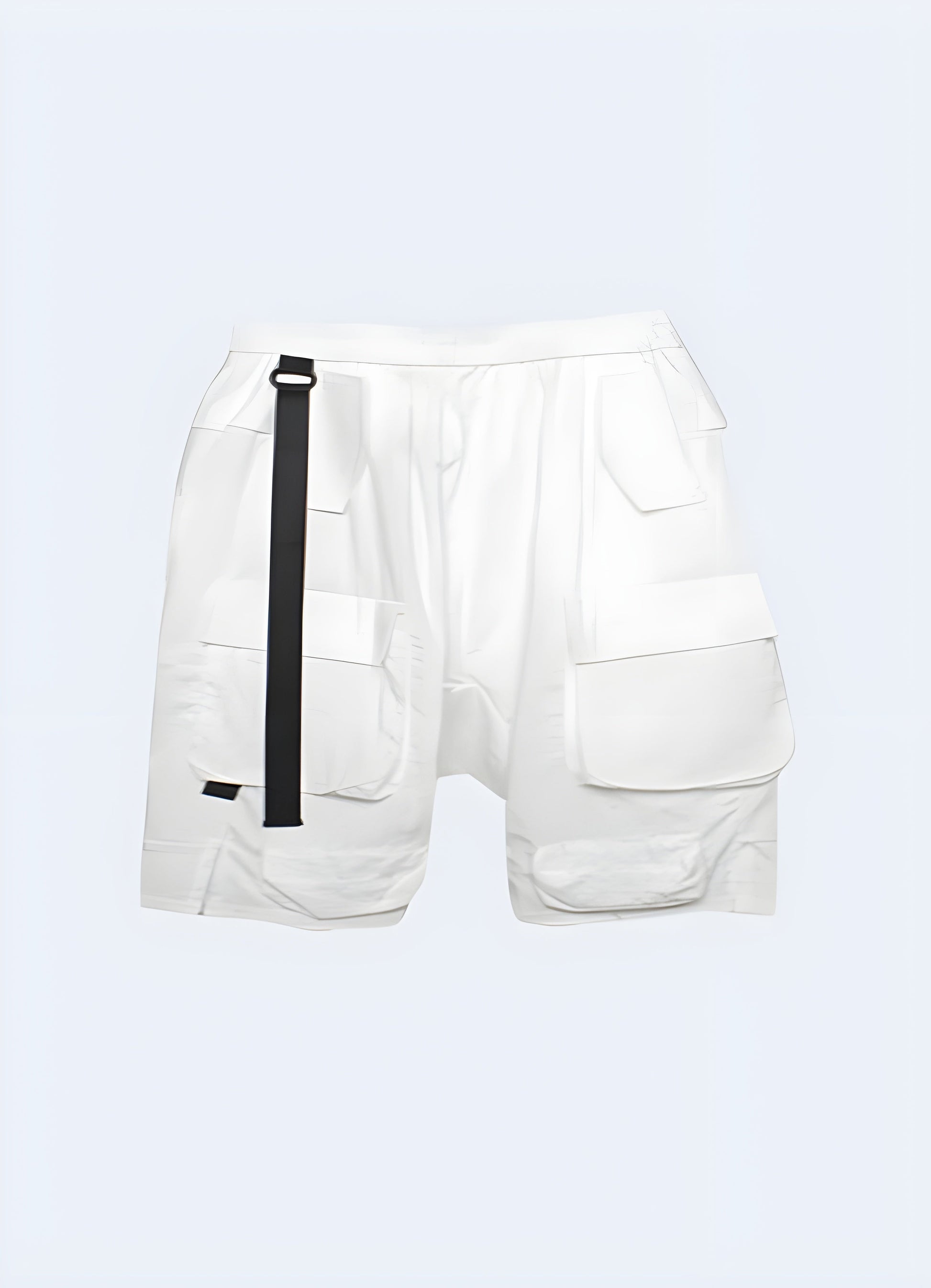 Close-up front view of sleek white drop crotch techwear shorts, featuring cutting-edge fabrics, precise tailoring, and a futuristic design that pushes the boundaries of conventional urban wear Canada.