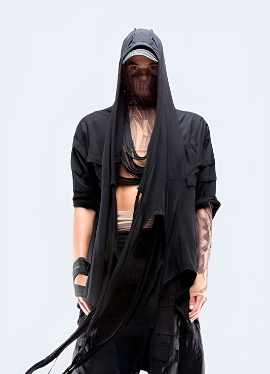 Edgy dystopian asymmetric cloak designed for urban exploration and post-apocalyptic fashion, perfect for those who appreciate dark and unconventional style in the Canada.