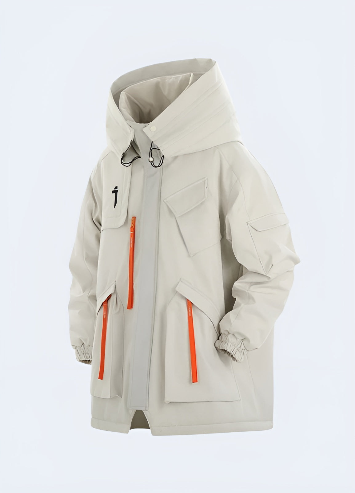 Back view of a white Enshadower jacket showcasing its sleek silhouette, adjustable features, and durable construction, ideal for everyday wear and urban exploration in Canada's dynamic landscapes while maintaining comfort and style.