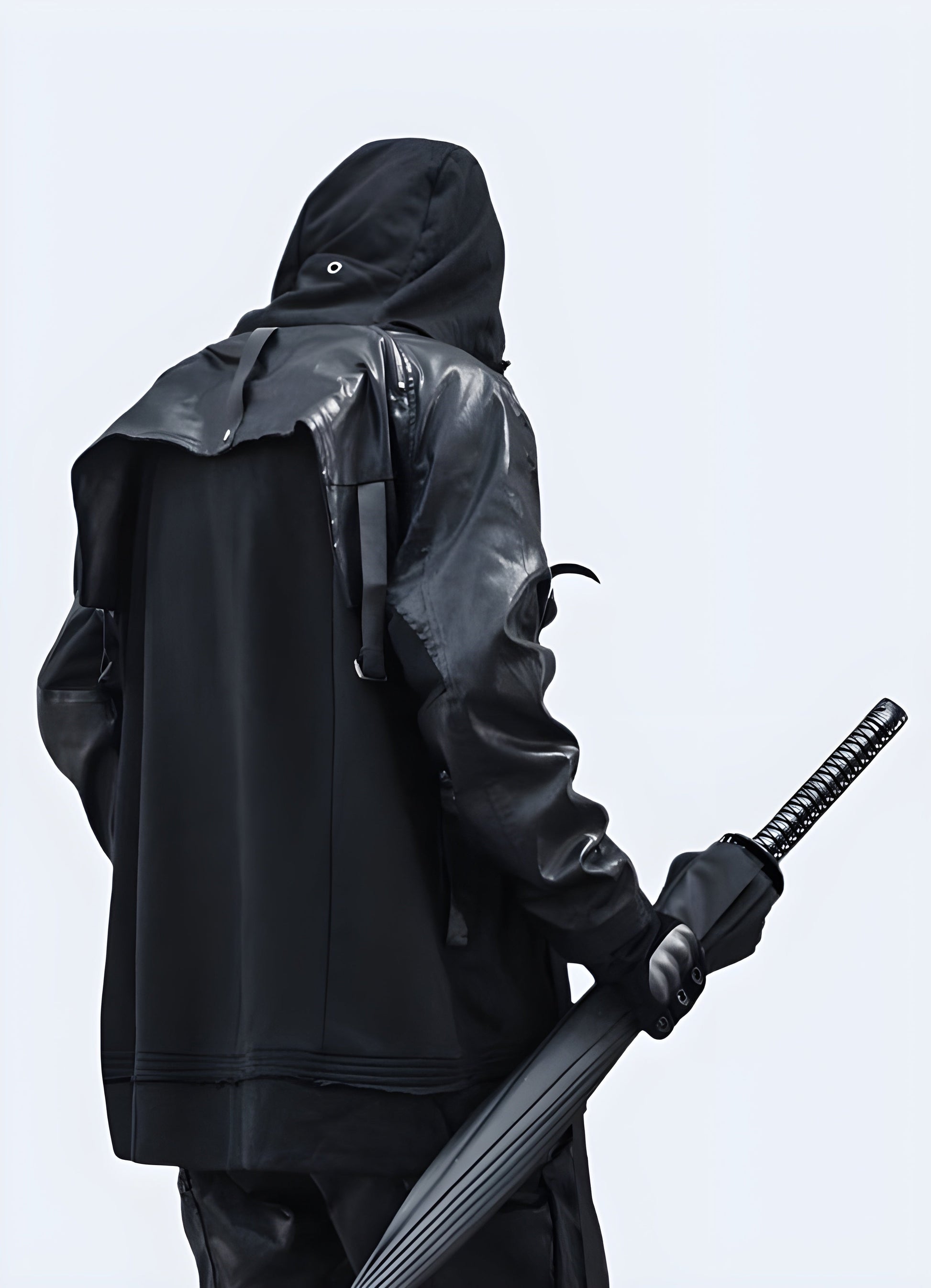 Back view of a faux leather techwear jacket, offering a cruelty-free and sustainable alternative without compromising on style and performance in the Canada.