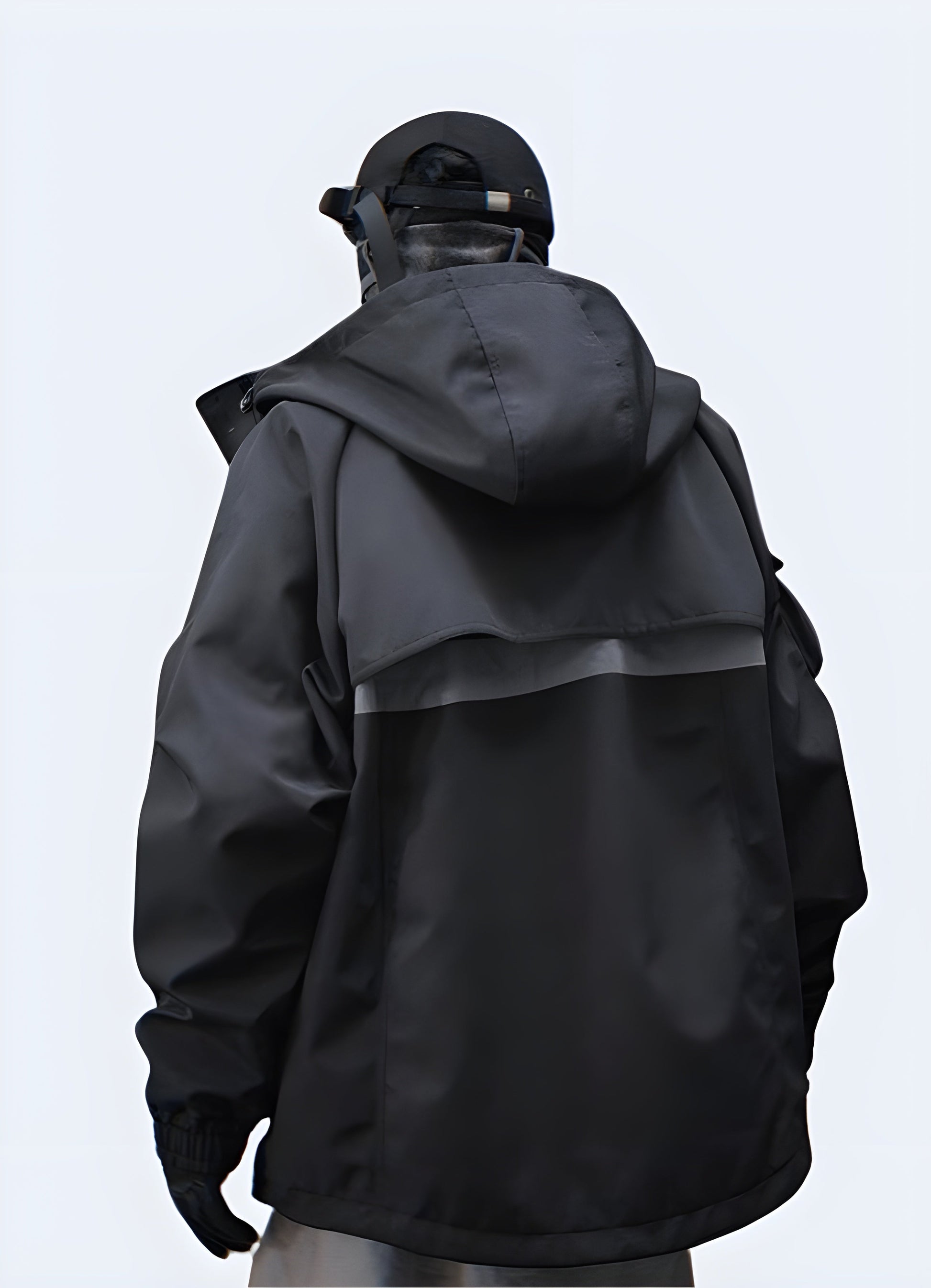 Shell Techwear jacket, back view, edgy and modern streetwear design