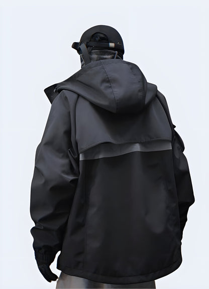 Shell Techwear jacket, back view, edgy and modern streetwear design