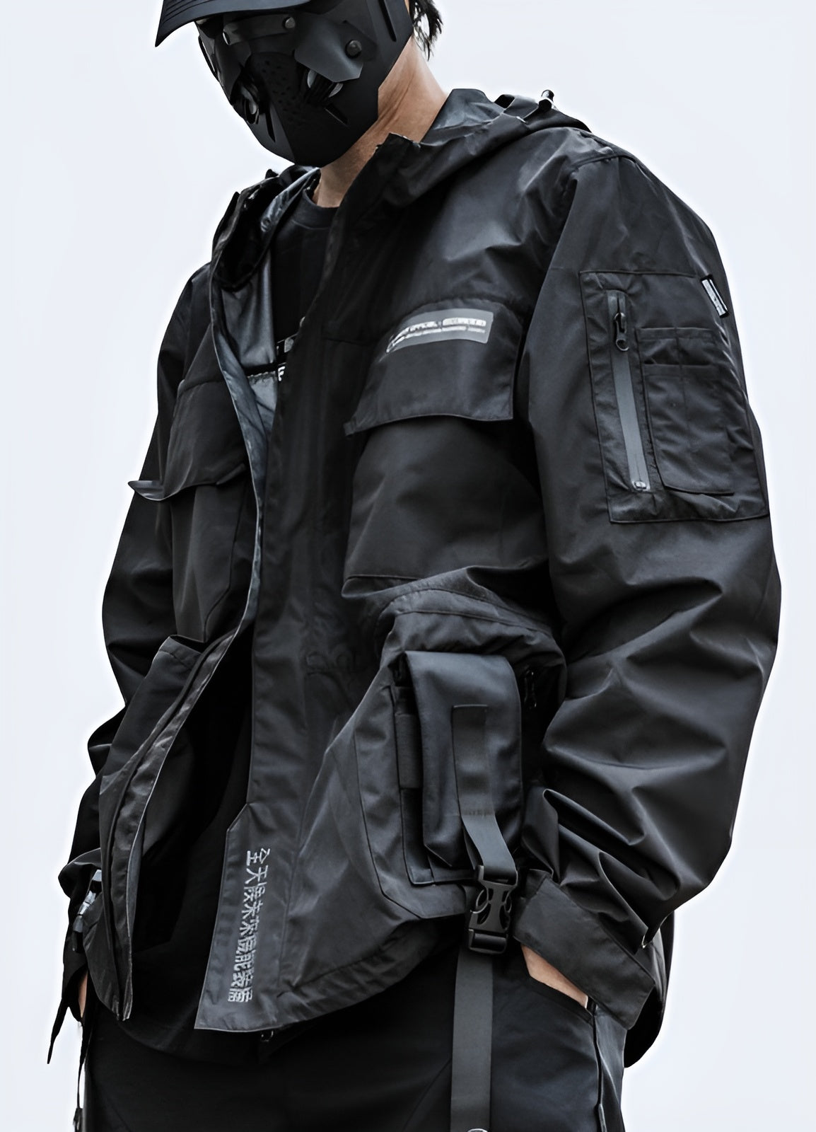 Front view of a faux leather techwear jacket, offering a cruelty-free and sustainable alternative without compromising on style and performance in the Canada.