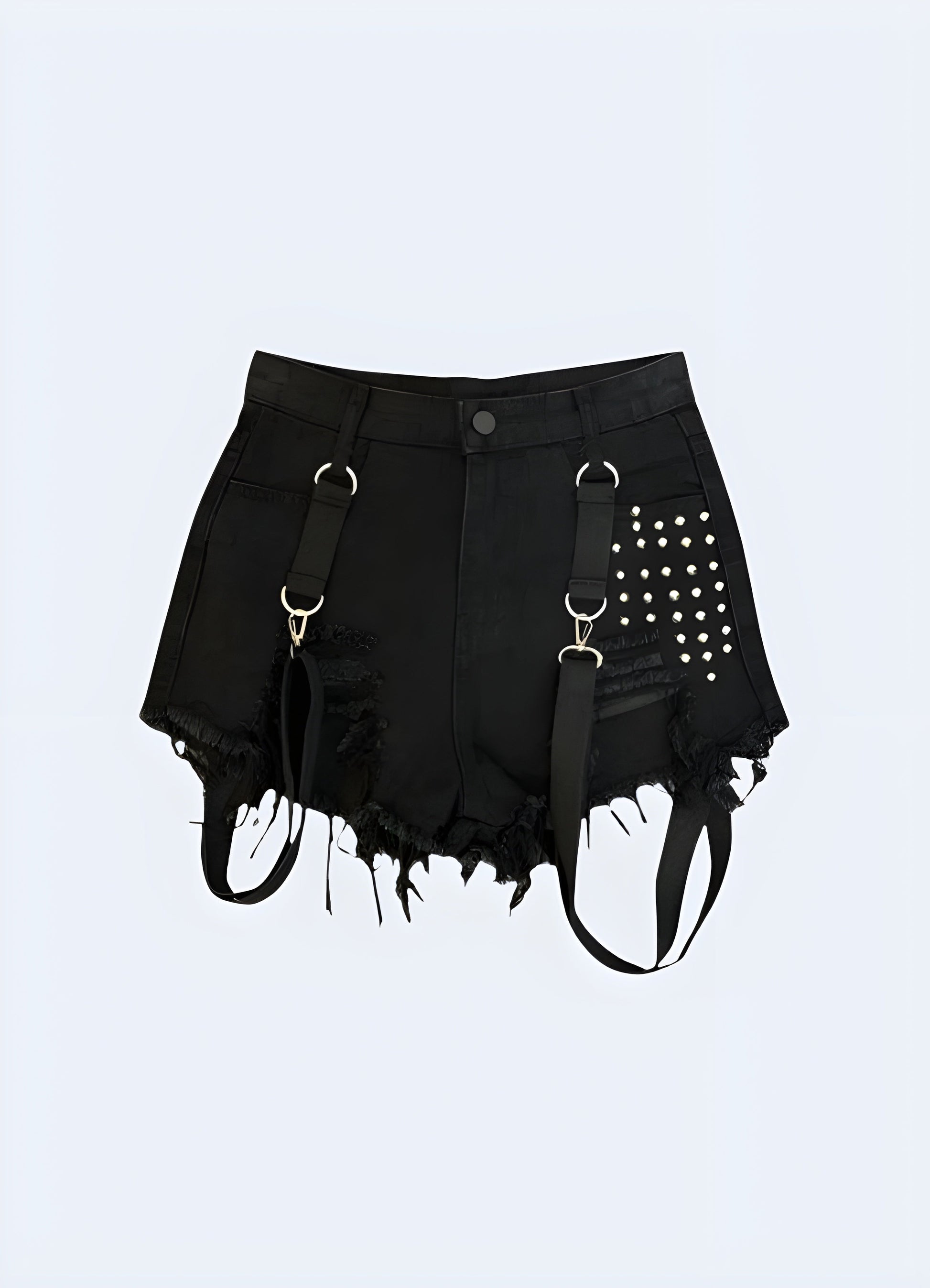 Front view of women's practical  female goth denim shorts with multiple pockets for convenient storage.