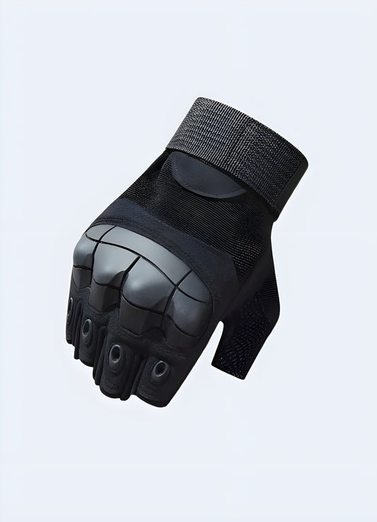 Front view of fingerless techwear gloves showcasing reinforced knuckles and padded palm for enhanced protection and grip.