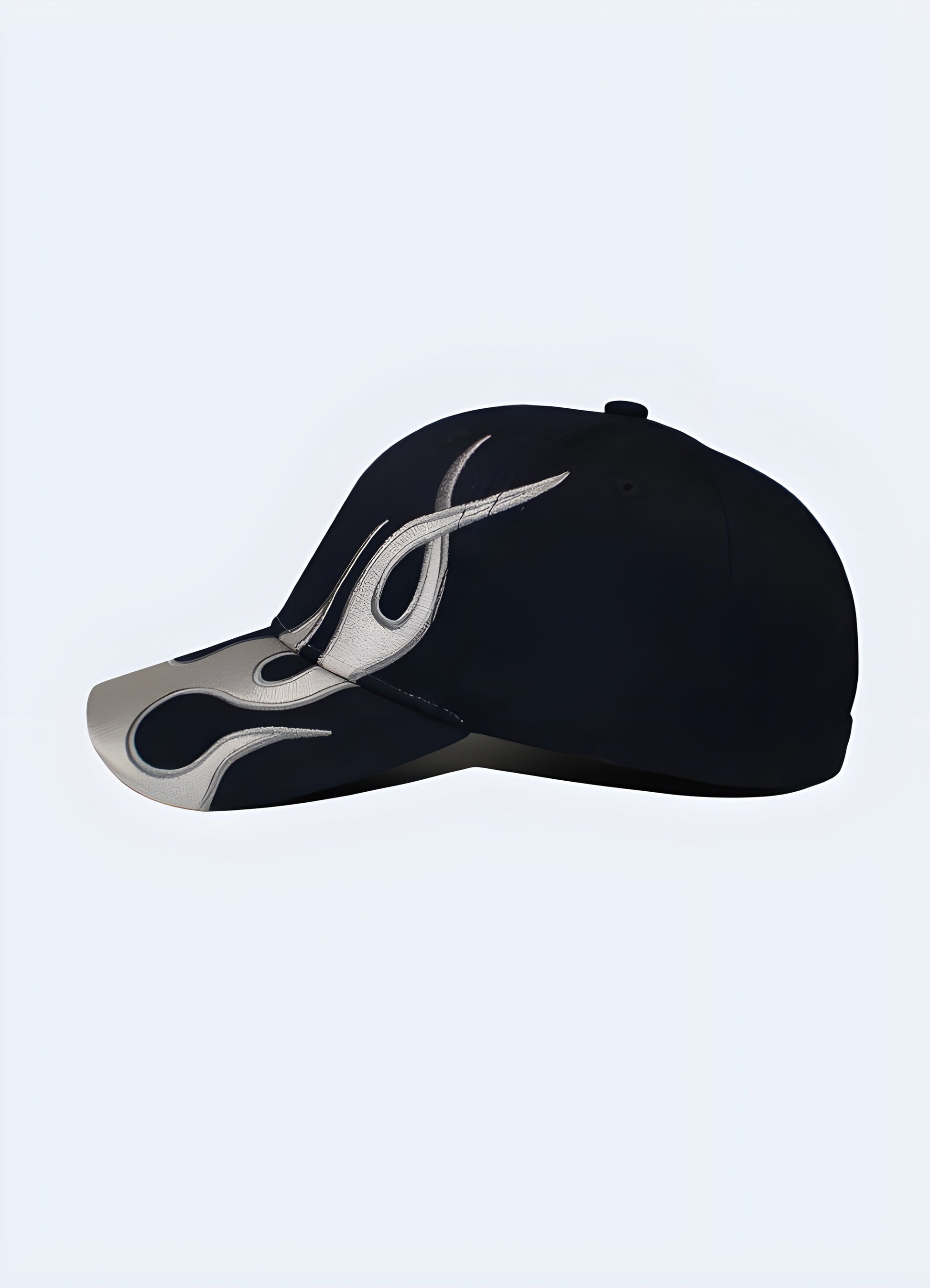 A front-side view of a baseball cap featuring a bold flame design that wraps around the brim and side panels.