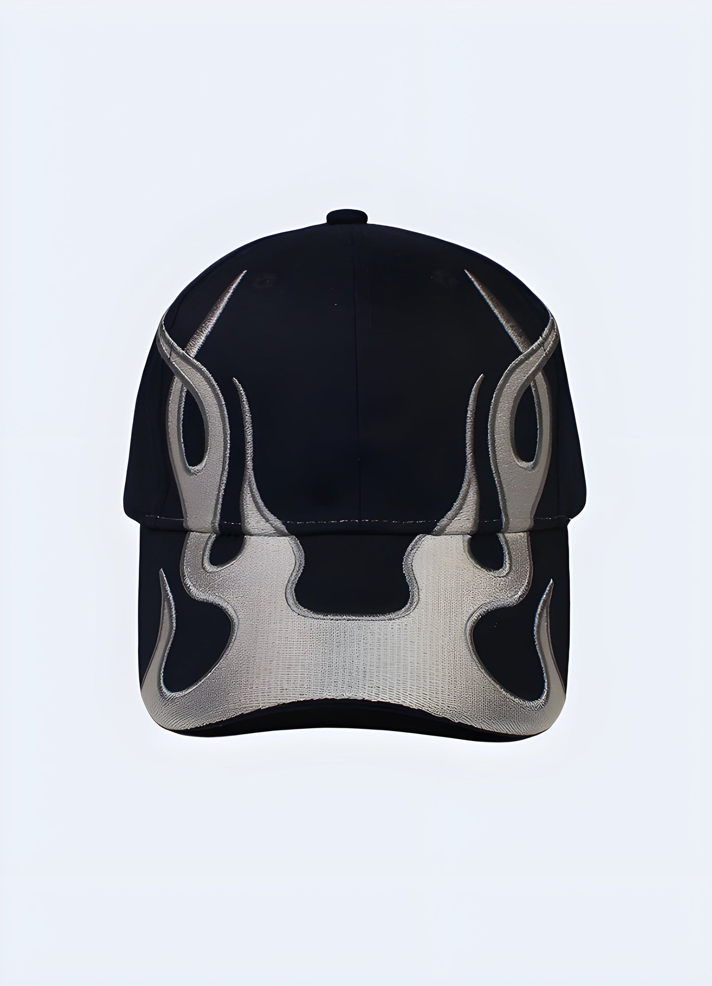 A front view of a baseball cap showcasing a flame design across the brim Canada.