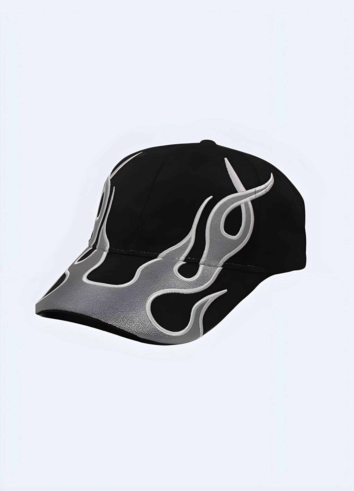 A side view of a baseball cap featuring a flame design along the base Canada.