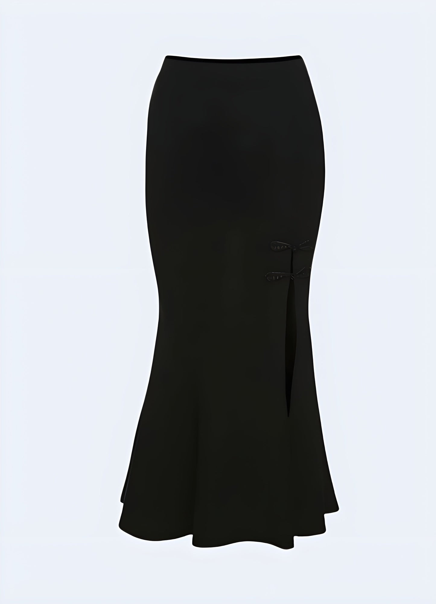 Flowing black long goth skirt with layered ruffles, front view, ideal for alternative fashion enthusiasts in the canada.