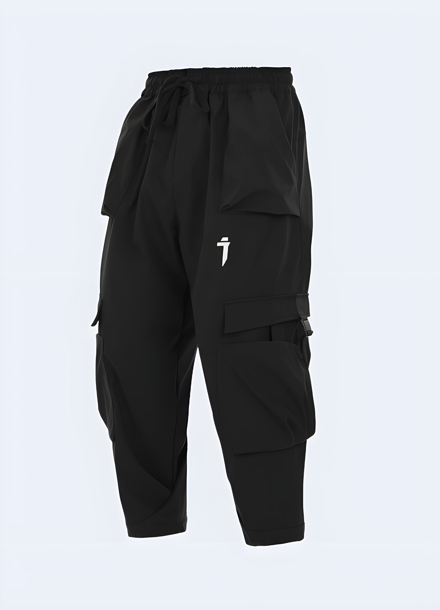 Front view of a model wearing techwear ninja pants, showcasing their sleek and contemporary design for fashion-conscious consumers in Canada.