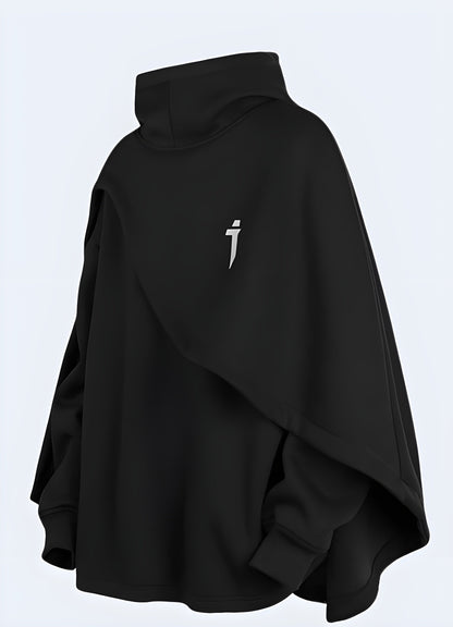 Functional stealth two-piece unisex cape hoodie in black, front view, available in Canada, emphasizing its sleek design and functionality.