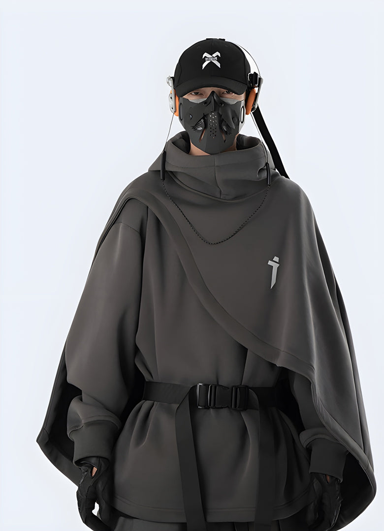 Functional layered two-piece unisex cape hoodie front view available in Canada, offering a blend of style and practicality.
