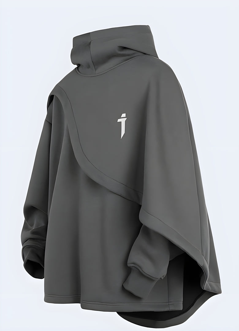 Functional fake two-piece unisex cape hoodie side view available in Canada, showcasing its unique design and versatility.