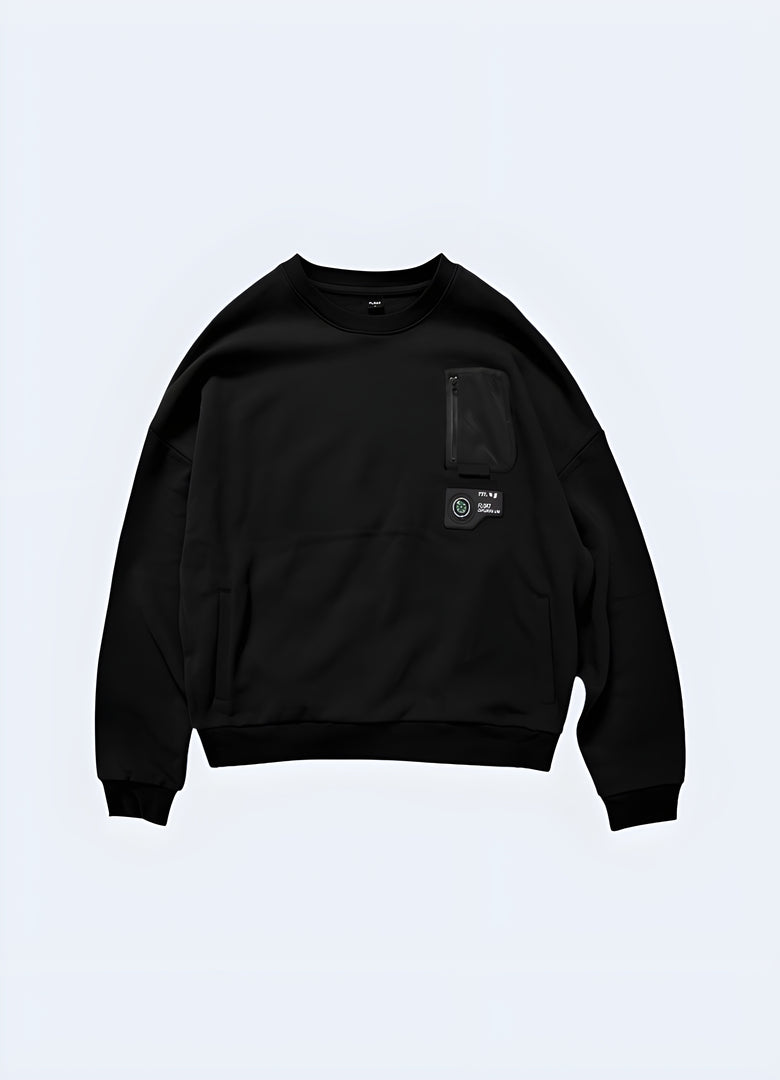 Front view of the functional streetwear cargo pullover sweatshirt in Canada, highlighting its practical pockets and modern style.