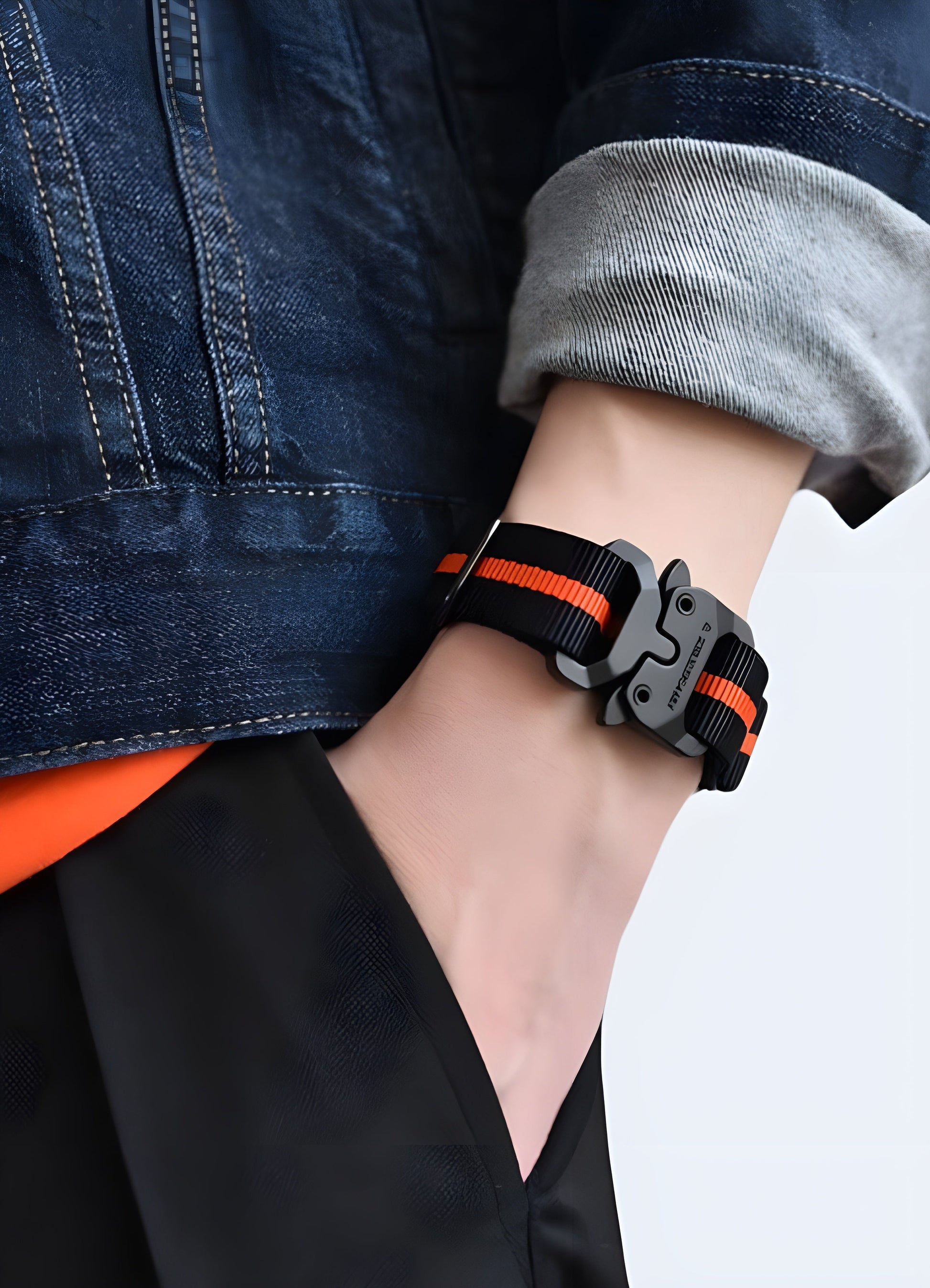 Front view of a functional techwear bracelet from the Canada, showcasing its modern design and practical features.