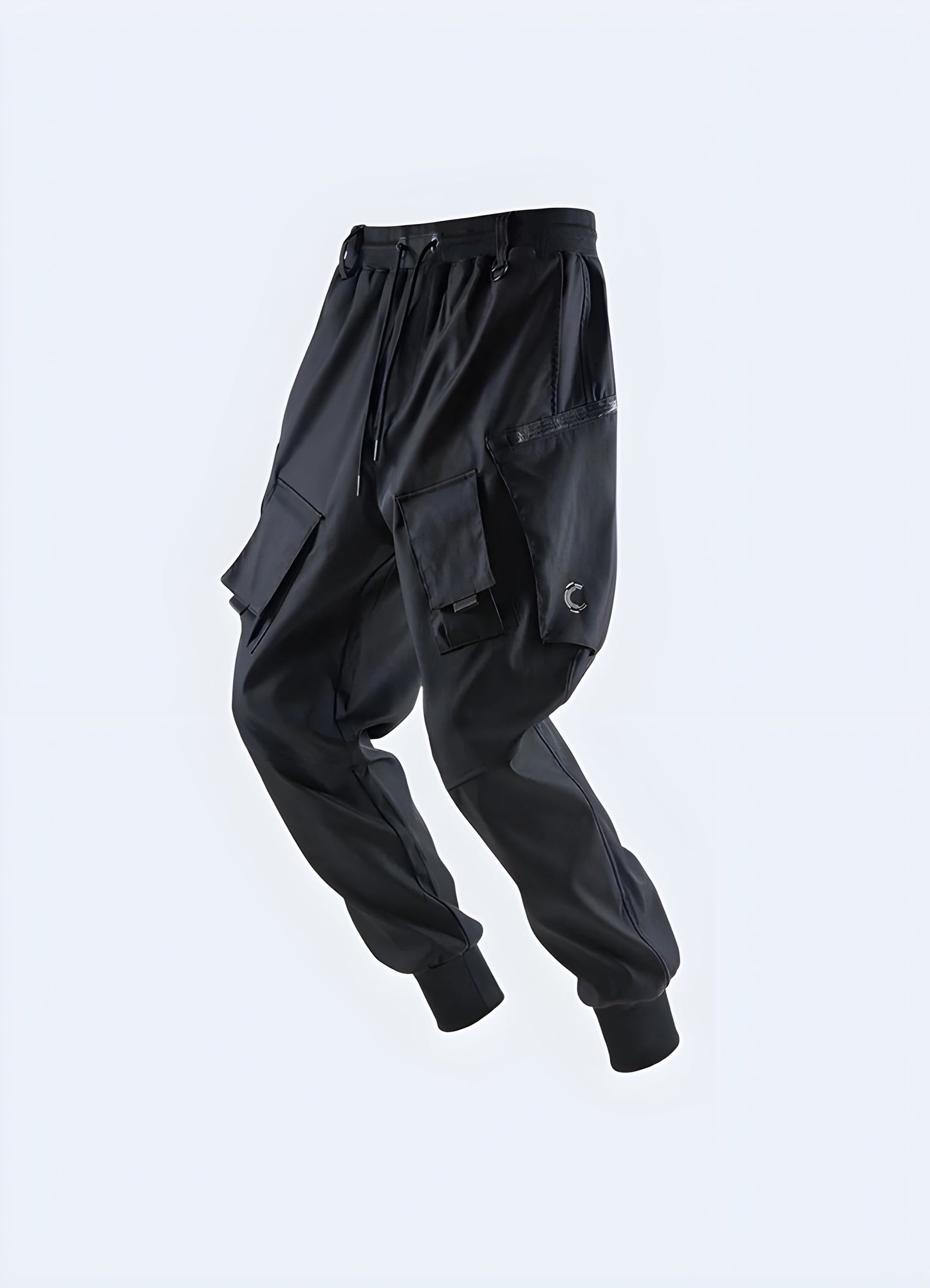 Front view of innovative futuristic cargo pants showcasing their modern style and practical features, perfect for trend-setters in Canada.