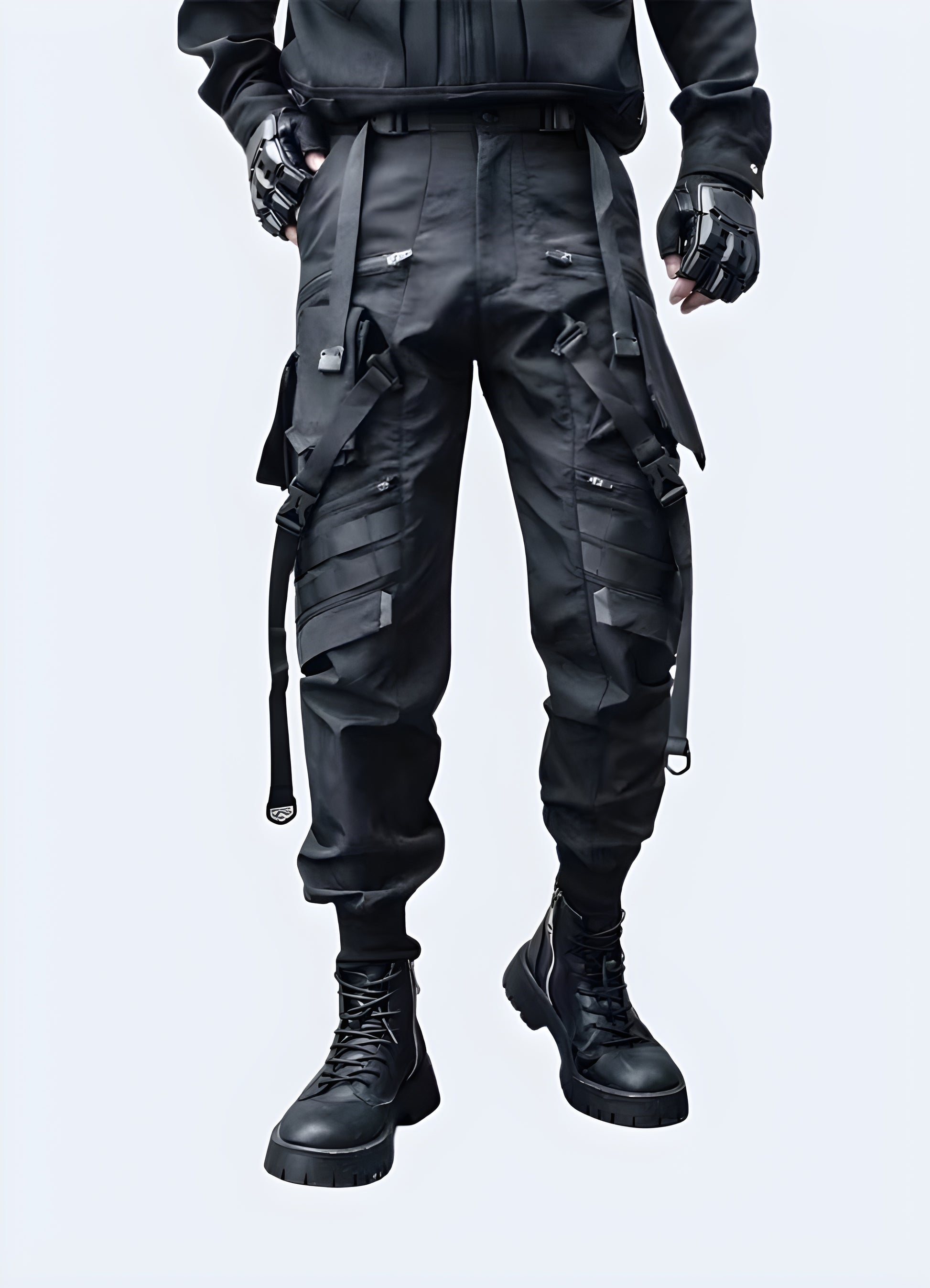 Front view of avant-garde futuristic pants in Canada, showcasing their unique silhouette and high-tech fabric that offer both style and performance for those ahead of the fashion curve.