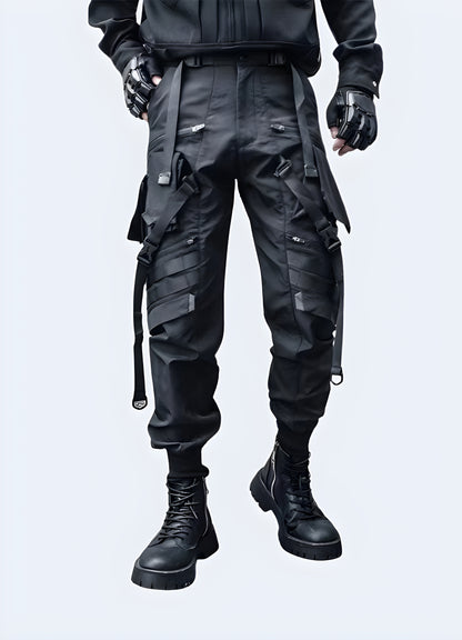 Front view of avant-garde futuristic pants in Canada, showcasing their unique silhouette and high-tech fabric that offer both style and performance for those ahead of the fashion curve.