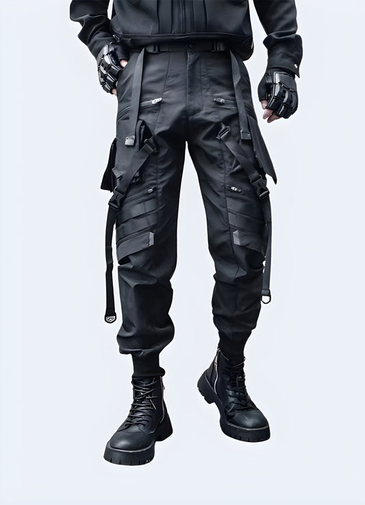 Front view of avant-garde futuristic pants in Canada, showcasing their unique silhouette and high-tech fabric that offer both style and performance for those ahead of the fashion curve.