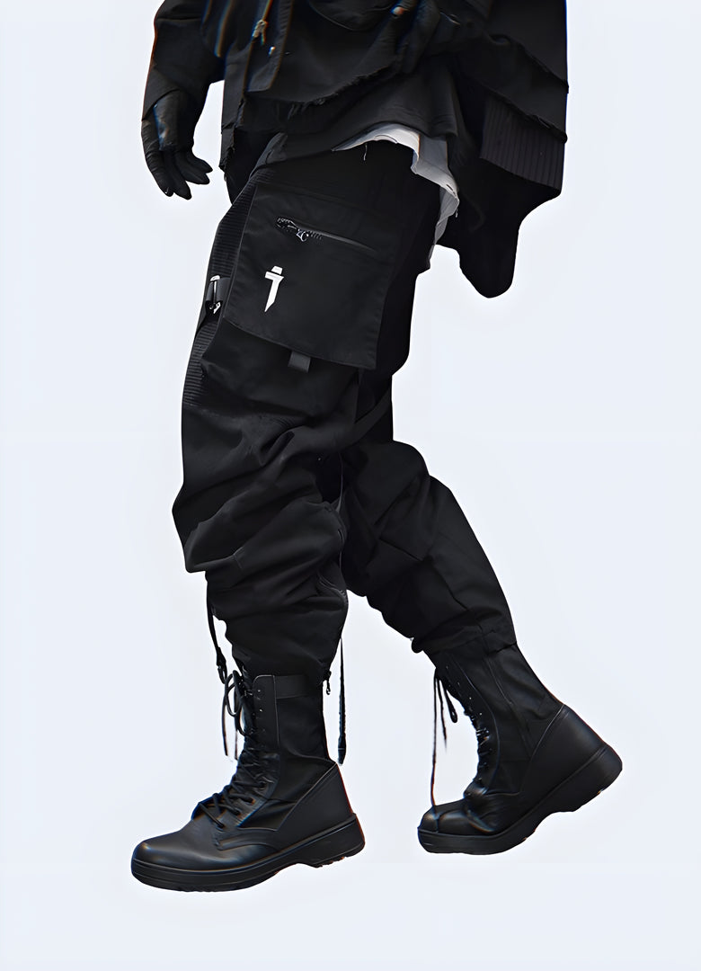 Left view of avant-garde futuristic pants in Canada, showcasing their unique silhouette and high-tech fabric that offer both style and performance for those ahead of the fashion curve.