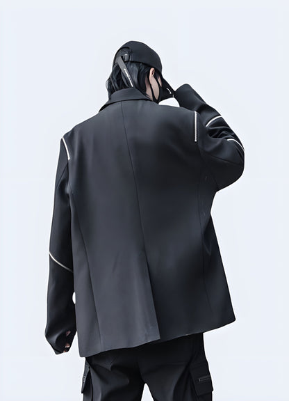 Back view of a futuristic techwear blazer, highlighting its innovative design and advanced materials, ideal for style-conscious individuals in the Caada.