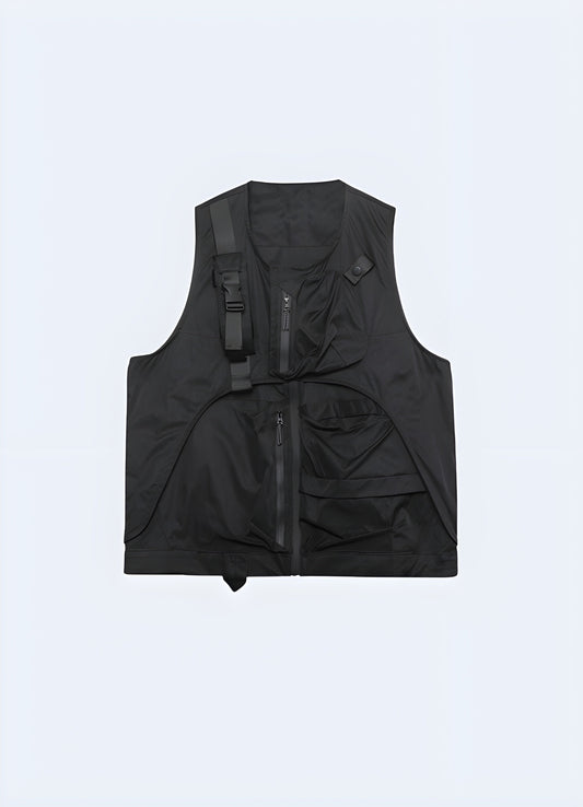 Futuristic black vest with built-in speakers and LED lights, perfect for outdoor activities and events in the Canada.