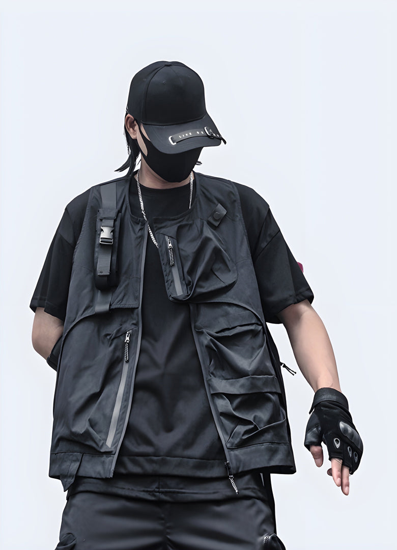 Close-up front view of a high-tech black vest equipped with speakers and LED lights, tailored for outdoor enthusiasts in the Canada.