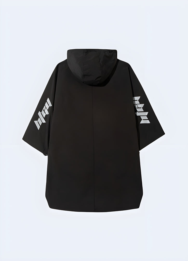 Back view of a futuristic windbreaker showcasing its innovative construction, adjustable features, and modern style, perfect for facing Canada's diverse weather conditions in urban and outdoor settings.