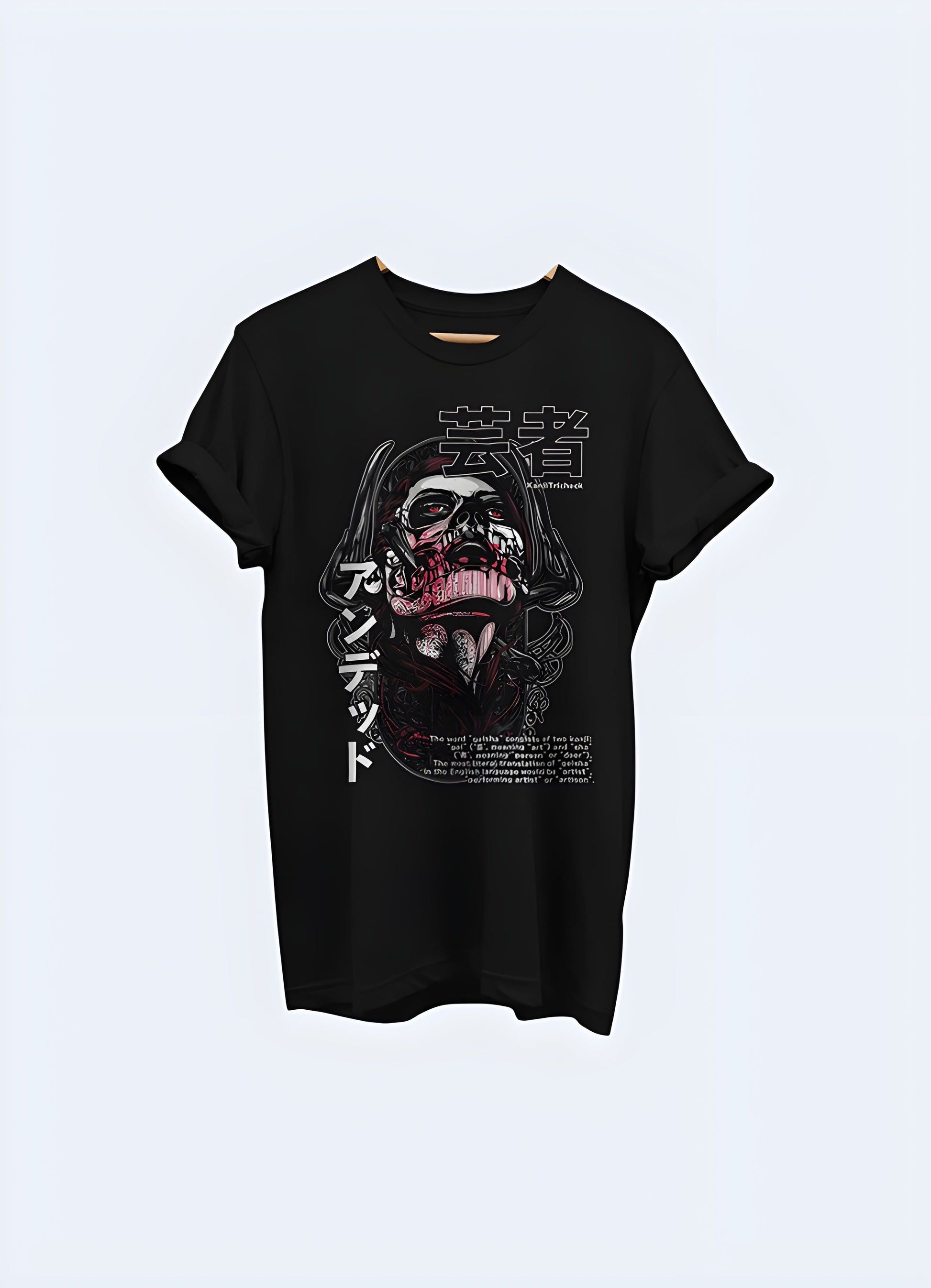 Unique t-shirt featuring an undead geisha, blending traditional Japanese beauty with a dark, edgy twist, perfect for alternative fashion enthusiasts in the canada.