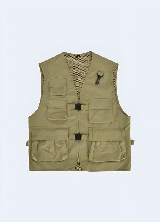 Gorpcore sleeveless vest in green khaki, side view, designed for outdoor enthusiasts, available in Canada.