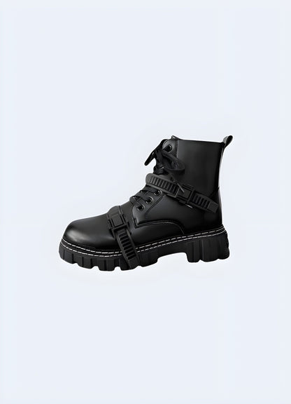 Goth techwear ankle boots  with fastener combining dark aesthetics with advanced technical features, perfect for those seeking a bold and edgy style with functionality.