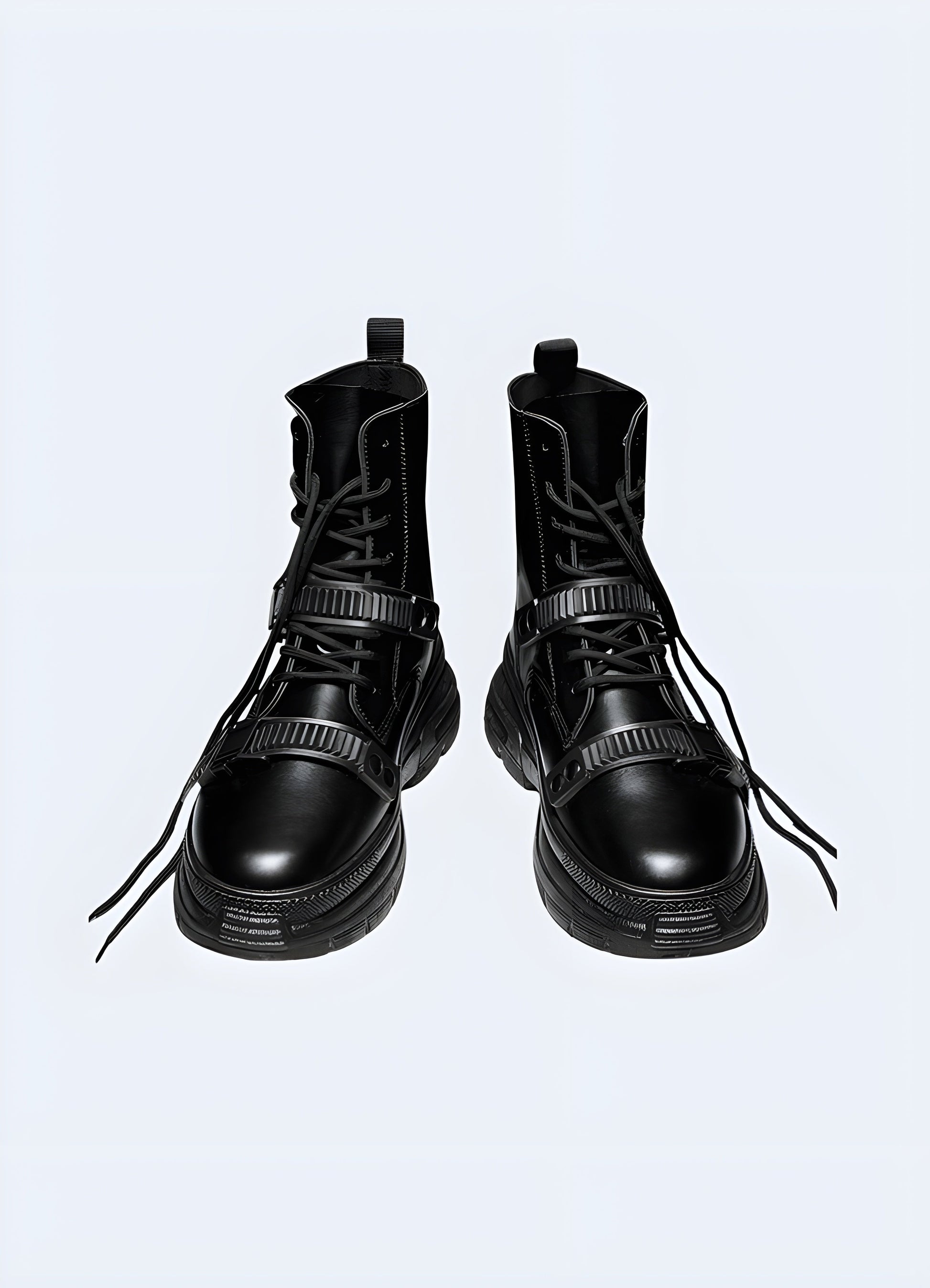 Front view of goth techwear ankle boots  with fastener, highlighting the gothic-inspired details, modern silhouette, and innovative materials suitable for fashion-forward individuals Canada.