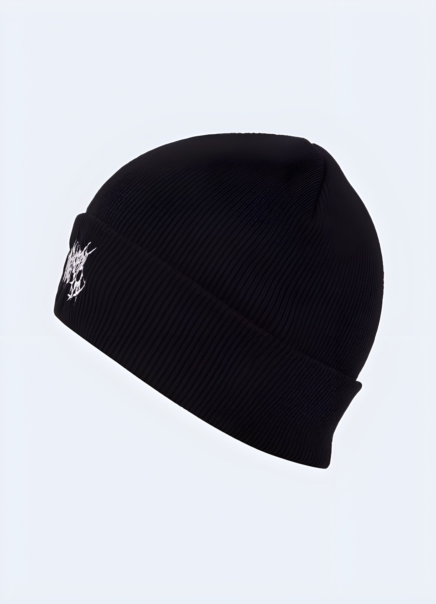 Side view of a black gothic beanie, emphasizing the beanie's sleek profile and detailed stitching Canada.