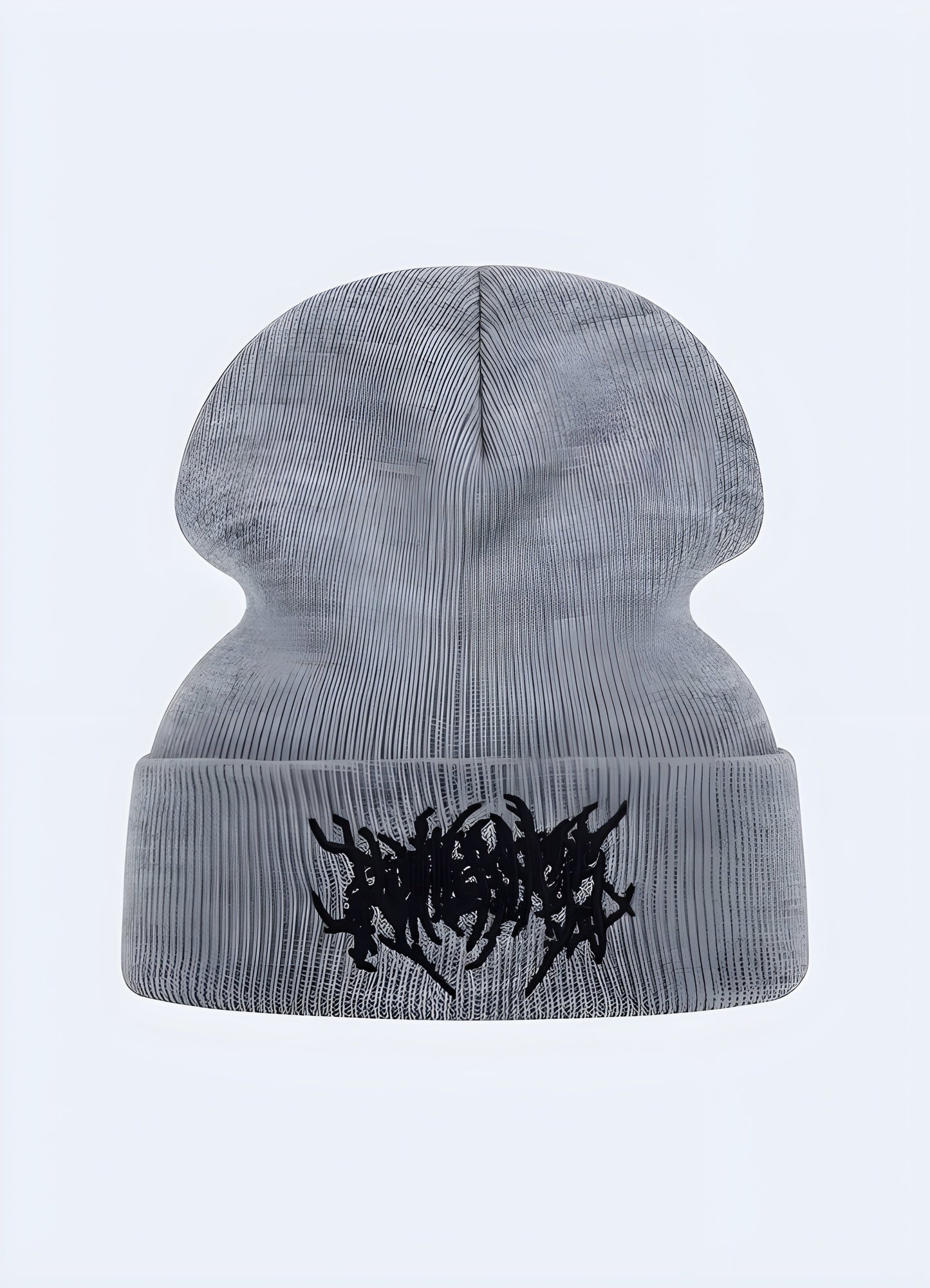 Front view of a grey gothic beanie, highlighting its soft texture and intricate detailing Canada.