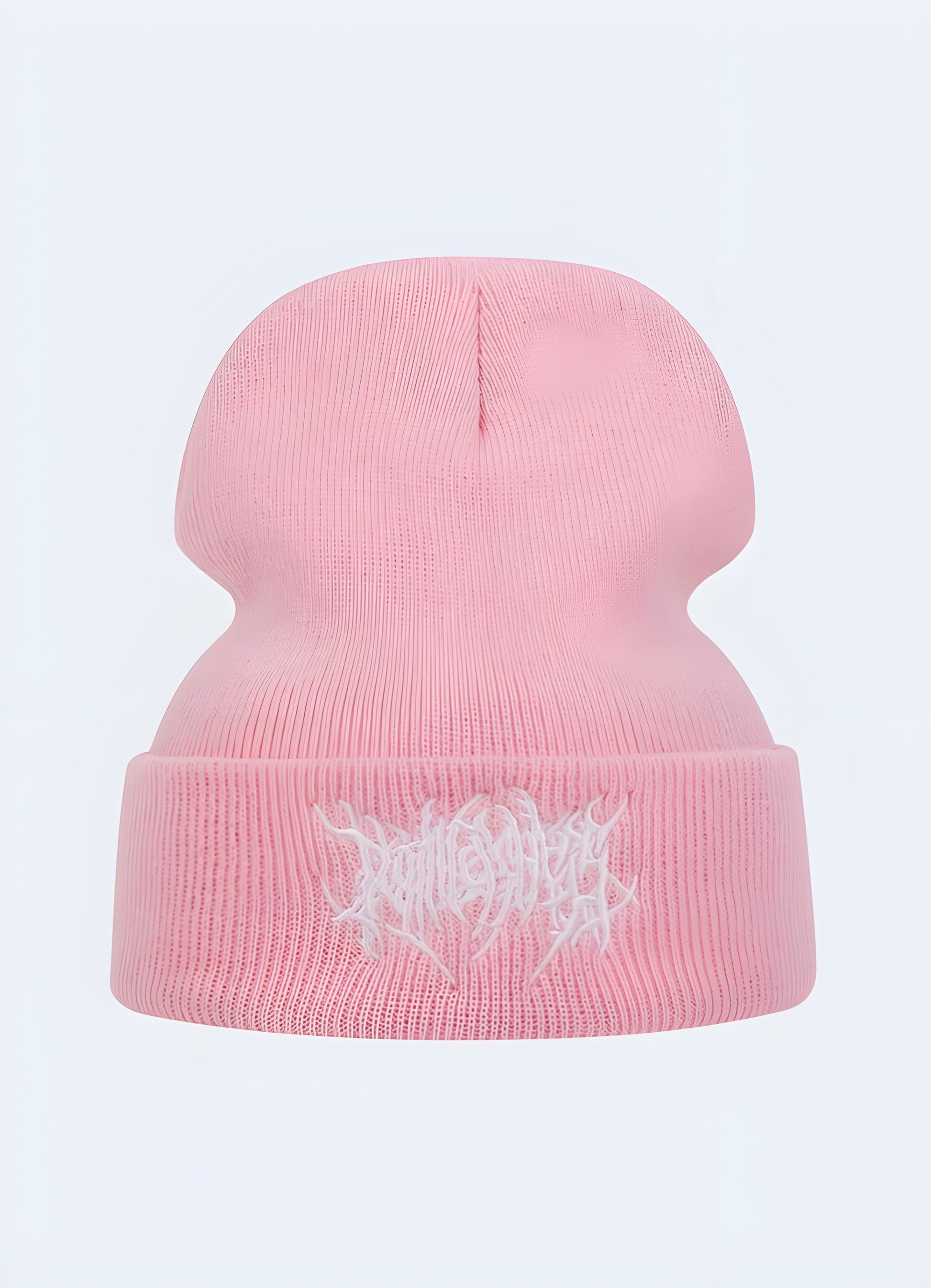 Front view of a pink gothic beanie, showcasing its vibrant color and gothic-inspired design Canada.