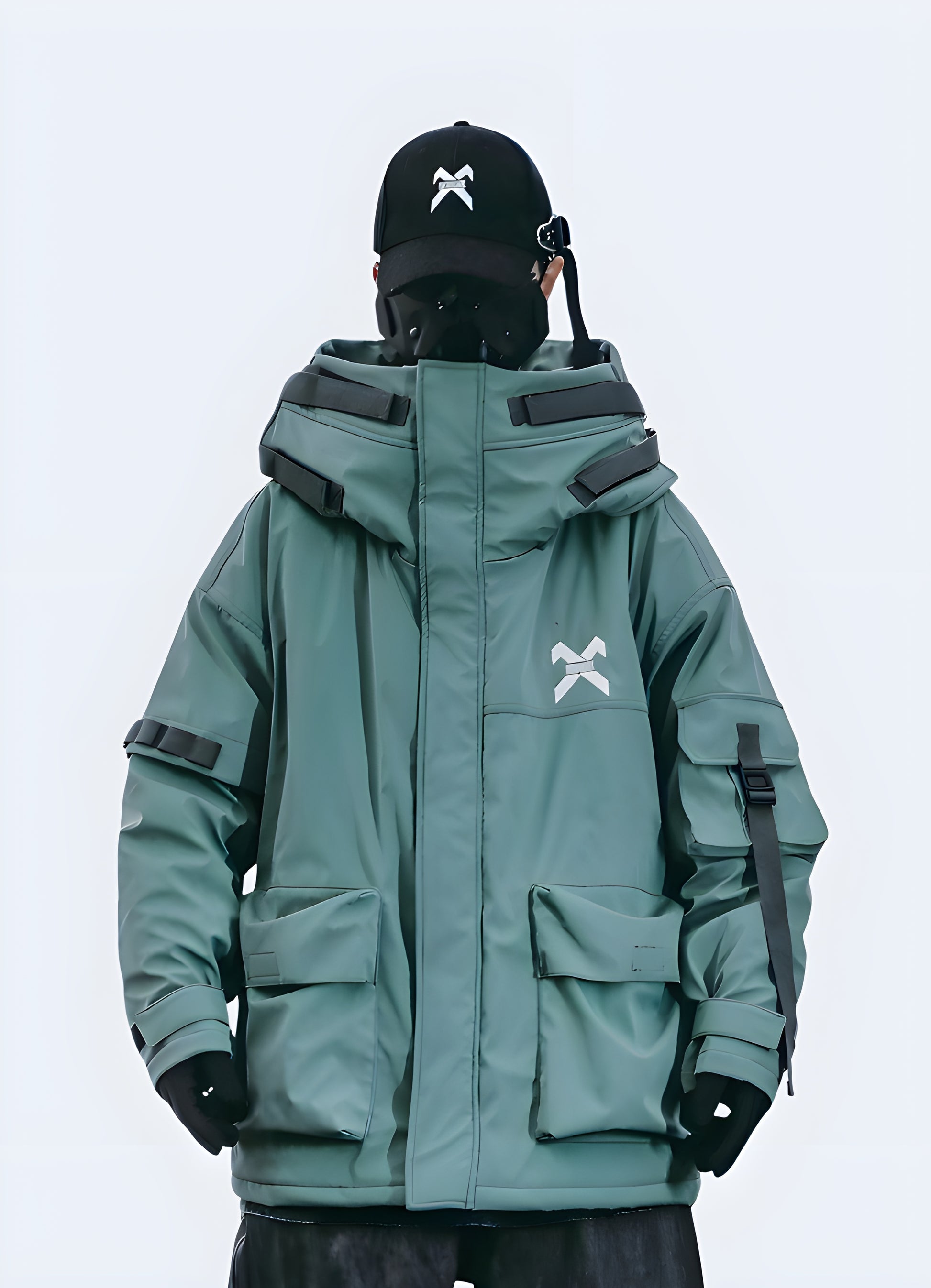 Green techwear jacket with a modern, tactical design and advanced functional features, engineered for urban exploration and outdoor adventures in Canada's diverse landscapes.