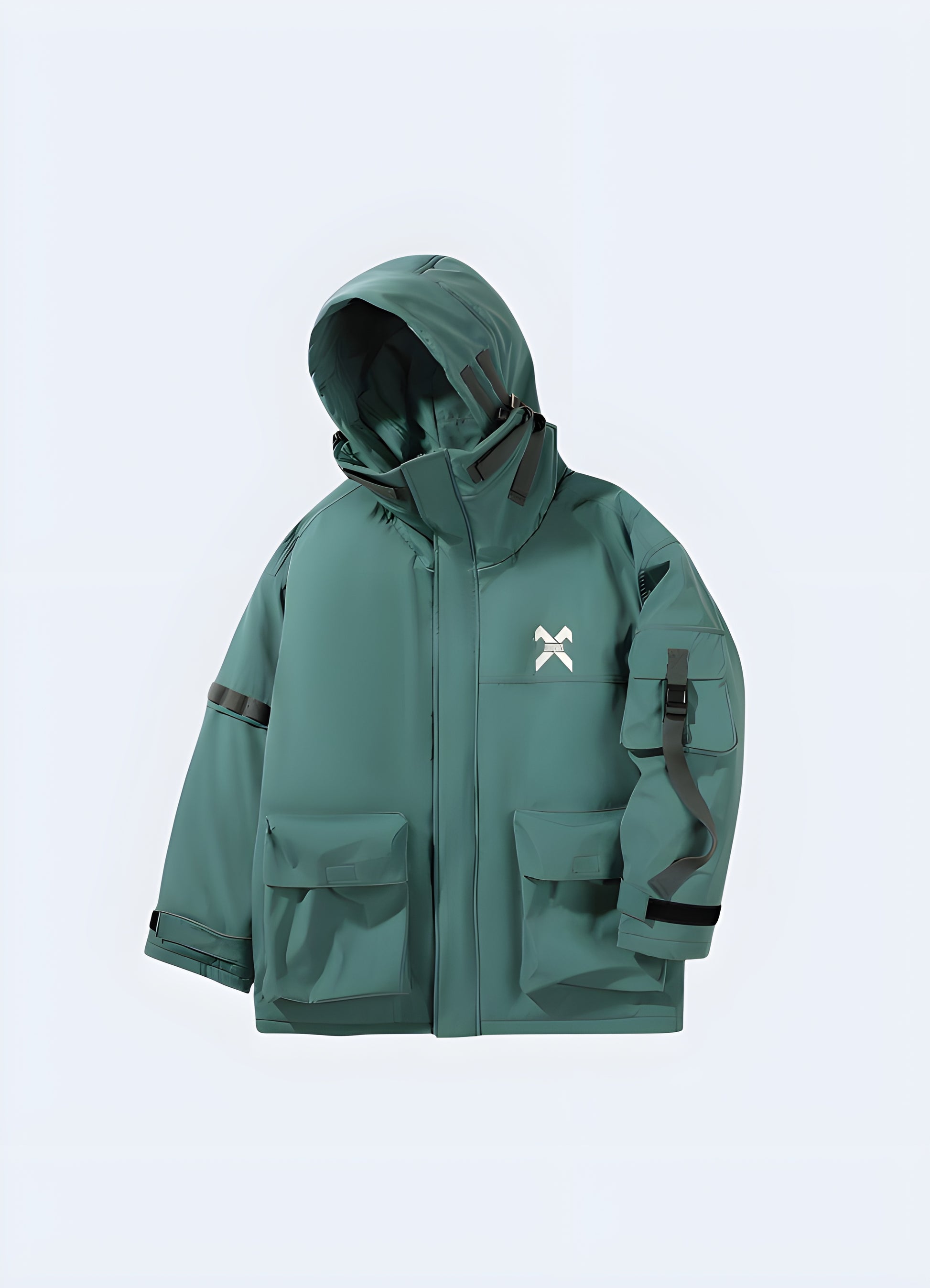 Front view of a sleek techwear crop jacket, showcasing its unique cropped silhouette and functional details, ideal for fashion-conscious adventurers in Canada