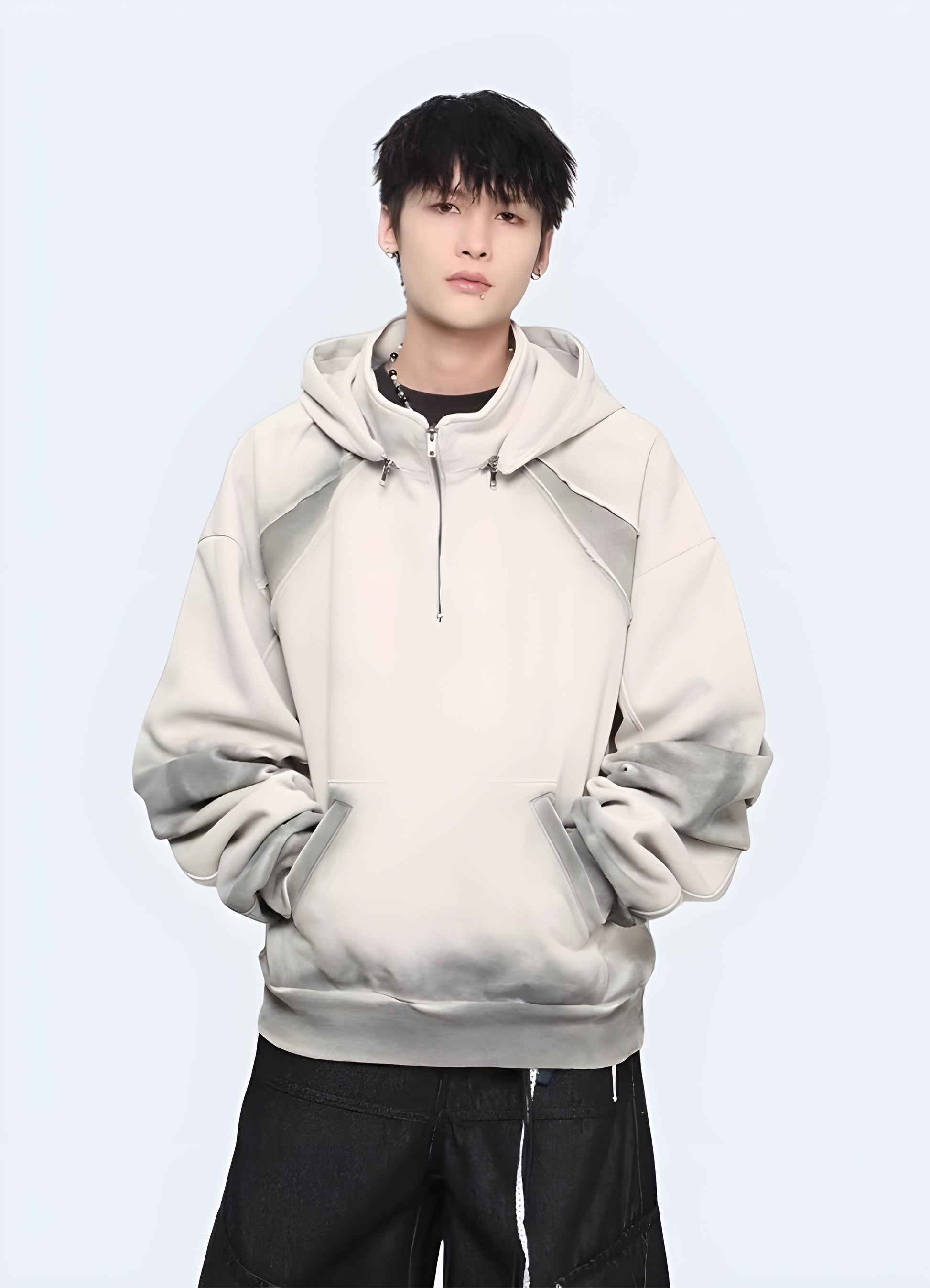 Grey tech fleece hoodie front view - Canada