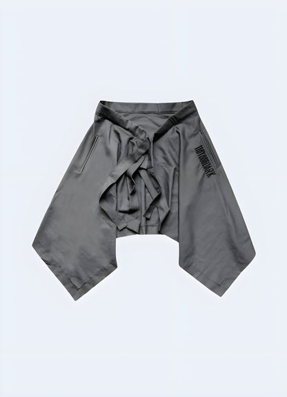  Front view of grey  techwear men samurai skirt, showcasing the modern design and relaxed aesthetic, ideal for the Canada streetwear enthusiast.