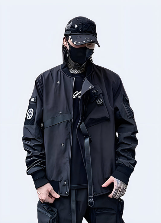 Grim reaper bomber black  with a dark, edgy design and unique features, perfect for making a bold fashion statement while navigating Canada's urban landscapes in style and attitude.