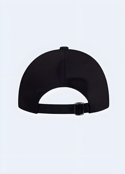 Black grunge techwear cap with rugged design, back view. Detailed and durable cap, showcasing a modern grunge aesthetic Canada.