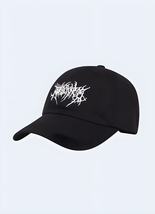 Black grunge techwear cap with rugged design, front view. Edgy and stylish cap for alternative fashion lovers Canada.