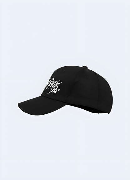 Black grunge techwear cap with rugged design, side view. Perfect accessory for a streetwear and techwear fusion Canada.