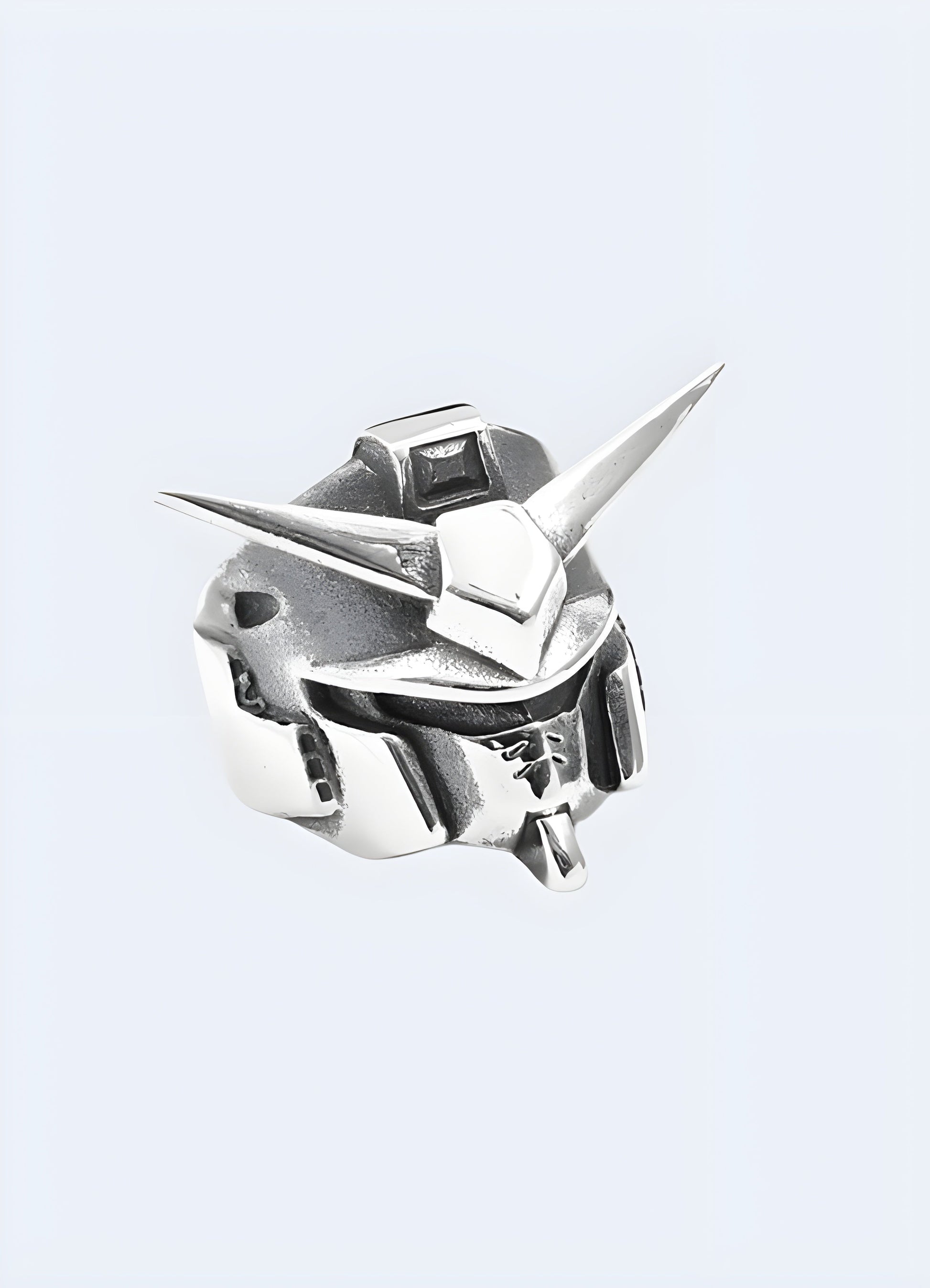 Gundam ring displayed from the front side view, capturing the ring's complex design and how it stands out from different angles.