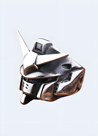 Gundam ring shown from the side view, highlighting the intricate side detailing and robust design elements inspired by Gundam robots.