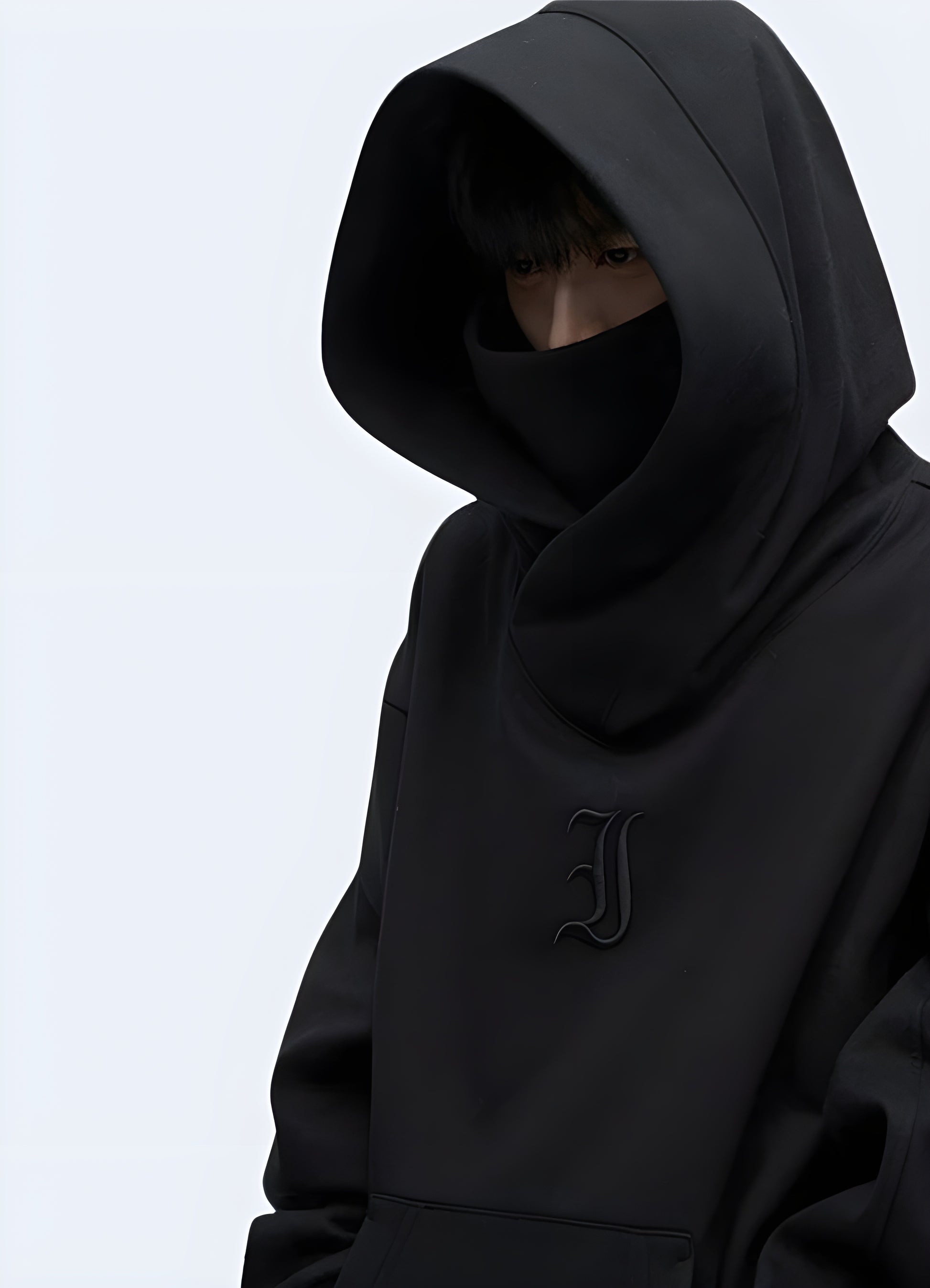 Unique grey Harajuku-style hoodie with a mix of contrasting fabrics, multiple zippers, and an asymmetrical design, perfect for a bold Japanese streetwear look.