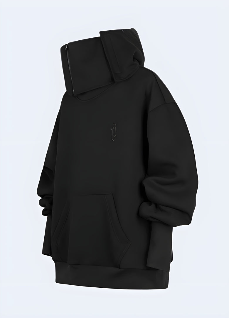 Unique grey Harajuku-style hoodie with a mix of contrasting fabrics, multiple zippers, and an asymmetrical design, perfect for a bold Japanese streetwear look.