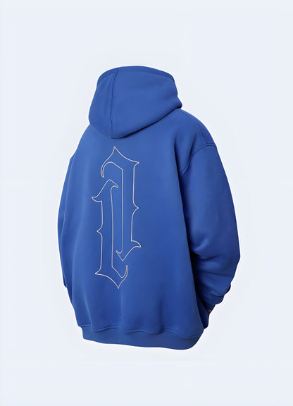 Women's Harajuku techwear hoodie, plus size, in blue, stylish urban fashion, back view, in Canada.