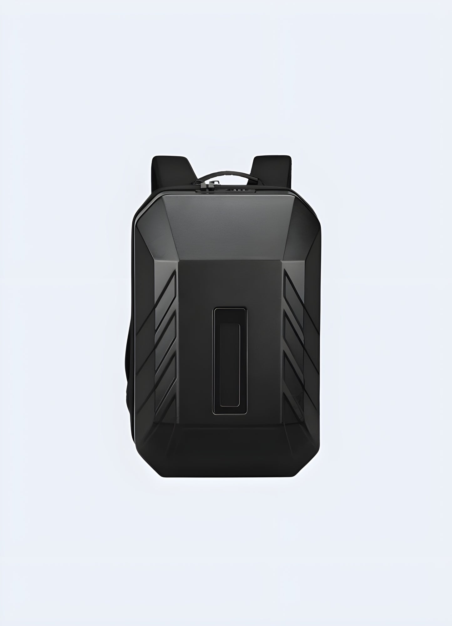 Front view of a black hardshell anti-theft backpack with a cyberpunk design, featuring a sleek, modern appearance Canada.