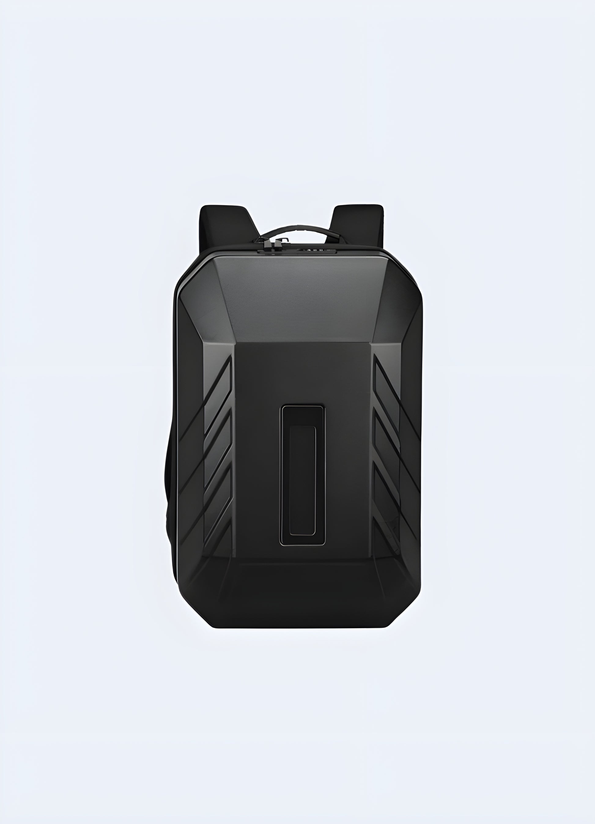 Front view of a black hardshell anti-theft backpack with LED lights integrated into the design, highlighting its illuminated features Canada.